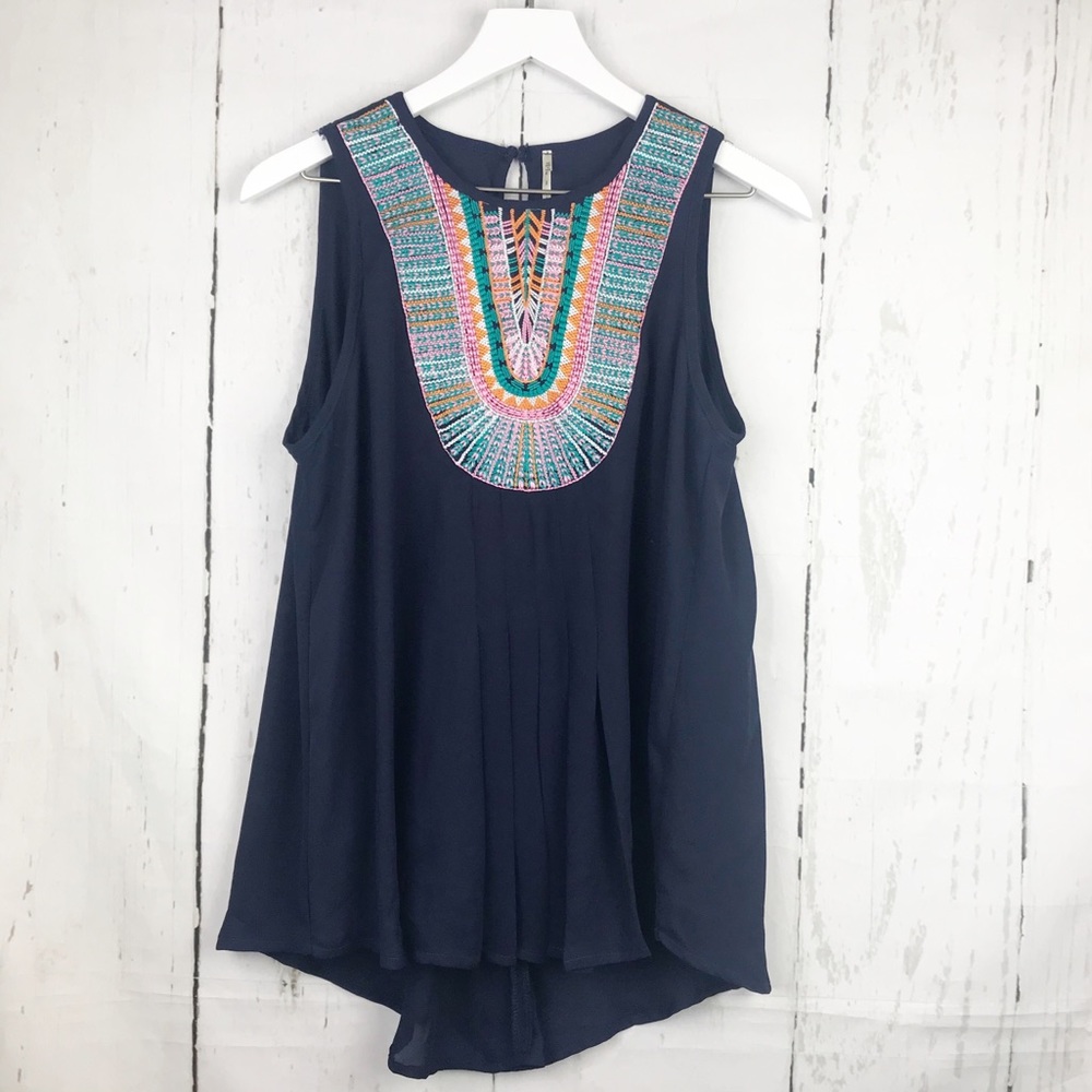 Nine 1 Eight Boho Embroidered Sleeveless High Low Top Women Sz M